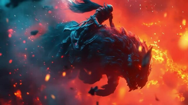 Warrior riding a monstrous beast through a fiery landscape