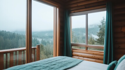 Cozy Retreat: A luxurious bedroom in a log cabin frames a breathtaking vista, showcasing nature's splendor through expansive windows, evoking tranquility and comfort.