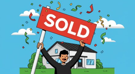 A happy individual holds a sold sign with confetti around in front of a newly sold house
