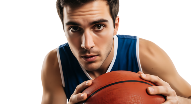 Young athlete poses with basketball in a focused and determined manner