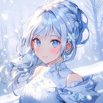 Anime illustration of young girl with blue eyes and hair in winter scene with snowflakes.