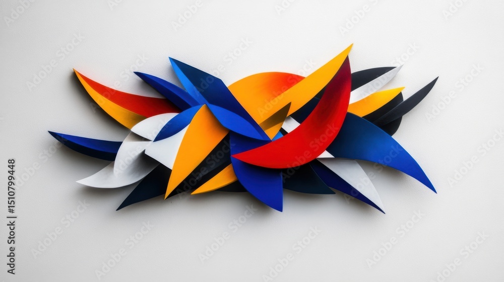 Poster A striking composition of various geometric shapes and vibrant colors displayed on a wall. This abstract sculpture blends sharp angles and smooth curves, creating an engaging visual experience.