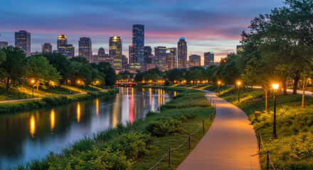 A city skyline at dusk reflecting in a river with a walking path alongside trees and street lights