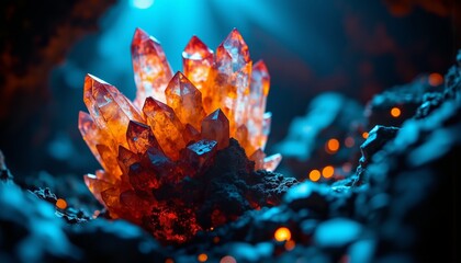 Flame Quartz Crystals in Grotto – Fiery Orange, Crimson, Gold, Cerulean Light