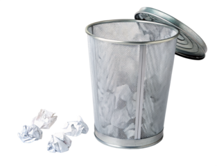 A silver metal mesh trash can with crumpled white papers around it and lid partially open on black background