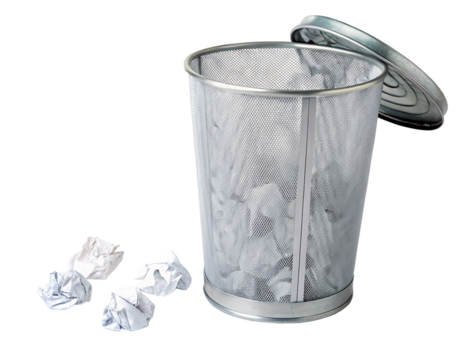 A silver metal mesh trash can with crumpled white papers around it and lid partially open on black background
