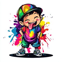 Playful Cartoon Boy with Colorful Splash and Cap in Vibrant Design