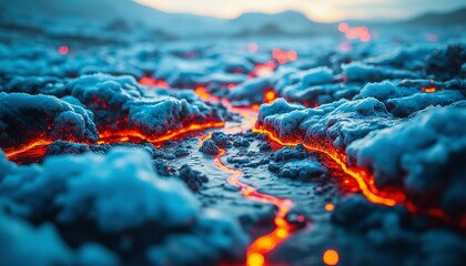Iridescent Ice Crystals, Molten Gold Lava Flow, Arctic Glow, Geological Abstraction, Frozen Energy