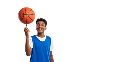 Young athlete showcases basketball skills with a spinning ball on finger