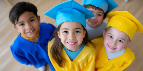 Group of smiling young children in colorful graduation gowns and caps looking up joyfully in a classroom setting