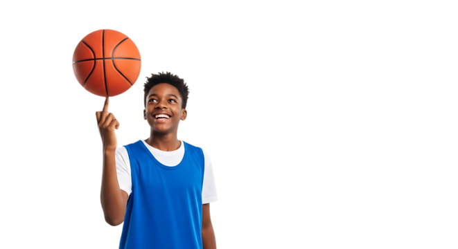 Young athlete showcases basketball skills with a spinning ball on finger