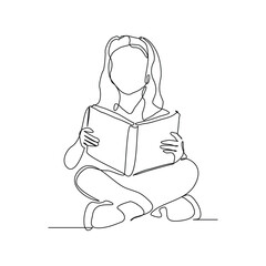 Continuous line drawing child girl sitting and read a book. Single line concept of education. Vector illustration sketch editable stroke