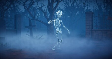 Halloween party. A ghost skeleton dance in a scary gothic cemetery. 3D Animated Video for greeting cards, invitations, posters, events, parties