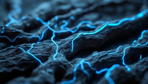 Dark Wood Grain Meets Neon Circuitry: Abstract Technology Background with Turquoise and Violet Hues