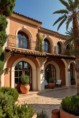 Mediterranean-style villa facade. Lush landscaping surrounds a two-story home
