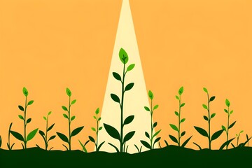Illustration of plants with green leaves growing in dark soil. A single plant is in a spotlight against an orange background, symbolizing growth and focus