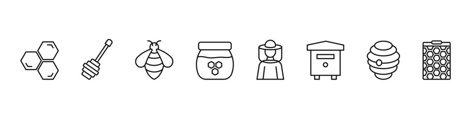 Honey line icons set. Contain honey, bee, hive, spoon, jar and honeycomb. Vector