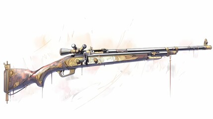 Classical long rifle illustration, ornate design, gold accents, detailed