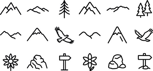 Nature icons featuring mountains, trees, birds, sunflowers, and hiking signs for outdoor designs