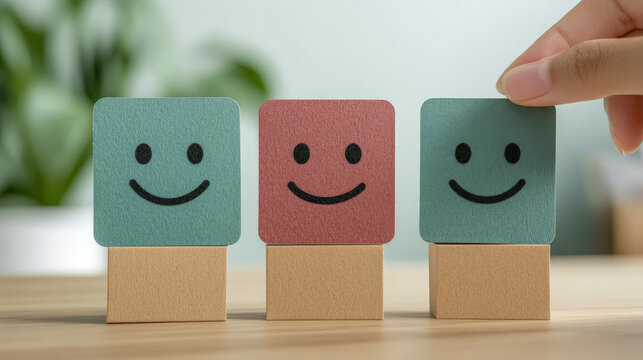 Colorful Emoticon Satisfaction Feedback Concept with Selectable Happy Face for User Experience Design