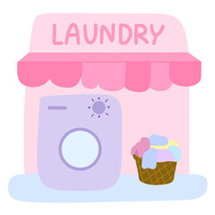 Pastel Laundry Shop Icon – Cute Washing Machine and Storefront Illustration