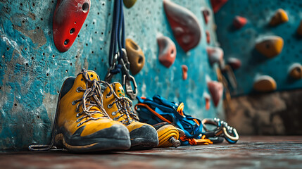 Climbing Gear Ready for Action: Shoes, Rope, and Holds on a Climbing Wall
