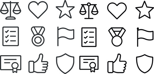 Outline icons of awards, justice, and achievement for design projects