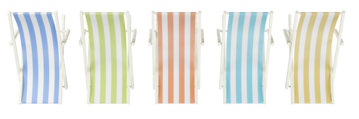 Five colorful striped beach chairs laid out side by side on a white surface. 3d rendering