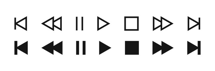 Obraz premium Media player buttons set. Play, pause, stop, record. Linear and symbol. Vector