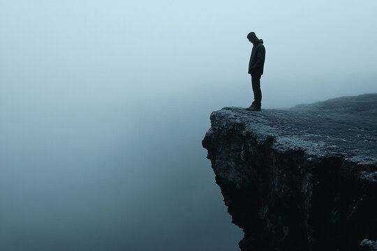 Man standing at the edge of a cliff looking down silhouette