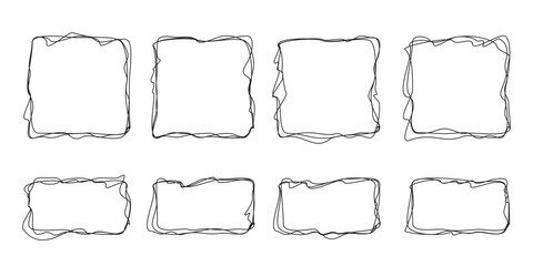 Set of rounded square shapes with scrawl loops and scribbles on white bg. Carelessly hand colored rectangles. Handwritten elements. Outline graphic signs. Vector illustration