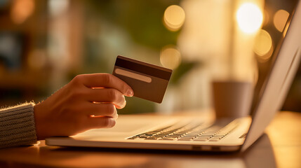 Female hand holding credit card next to laptop during golden hour, representing online payment, banking, internet shopping and digital financial services