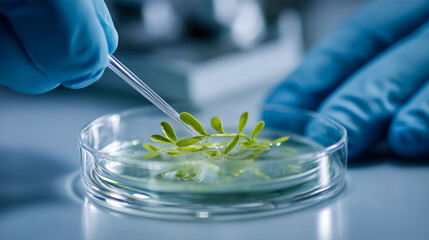 Close-up of scientist with pipette analyzing plant-based polymer sample in petri dish, ideal for biotech, sustainable research and eco innovation projects