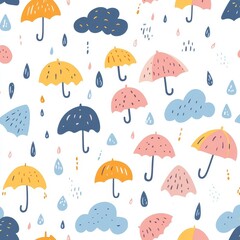 The Scandinavian style is evident in this seamless background, which boasts a cute modern pattern of umbrellas, clouds, and rain drops