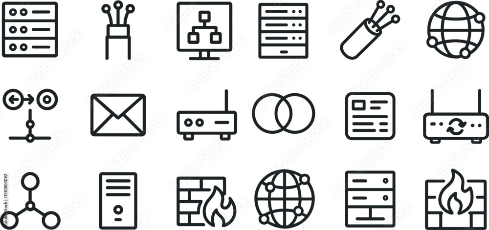 Poster network and data infrastructure icons for technology and communication design