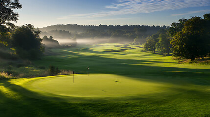 Sunlit Golf Course with Misty Background and Lush Greenery