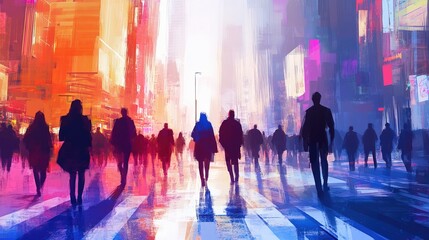 Vibrant City Street Crowd Painting Modern Urban Life Artwork People Walking Buildings