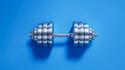 Symmetrical gym dumbbells on blue background in top-down view, ideal for fitness advertising, weight training programs, gym promotions and health visuals