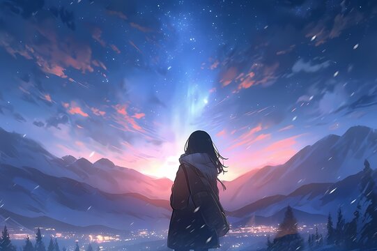 Lone figure snowy mountain aurora sky snowflakes city lights distance