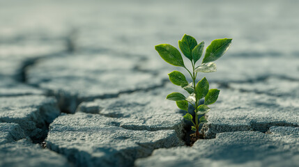 Young green plant growing through cracked dry soil, symbolizing hope, environmental recovery, climate resilience and rebirth in harsh conditions