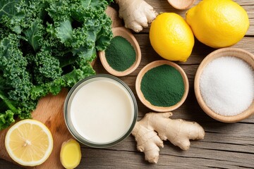 Ingredients for preparing green detox smoothie with kale and spirulina powder