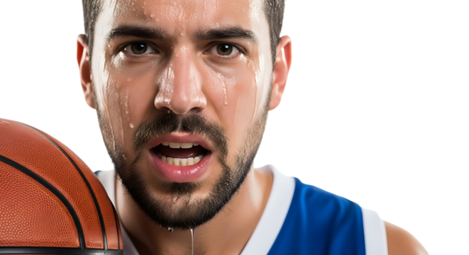 Intense basketball player showing emotion and sweat during a game