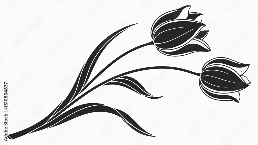 Poster stylized illustration of two tulips with leaves in black and white color scheme and elegant design c