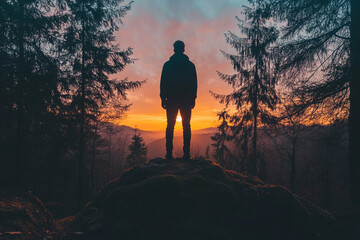 Man standing on the edge of a deep forest silhouette