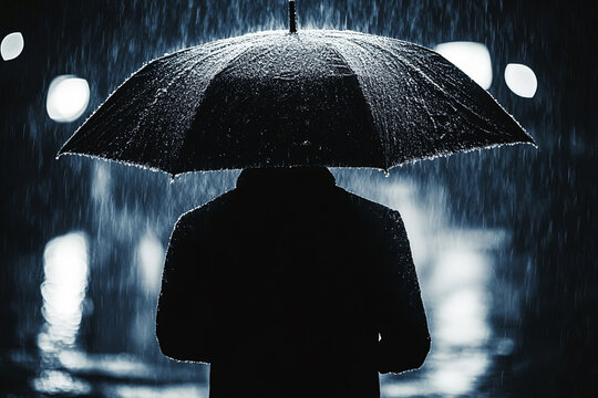 Man standing under a broken umbrella in the rain silhouette - Powered by Adobe