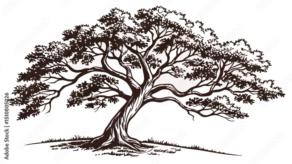 Poster illustration of a large tree with a twisted trunk and branches on a small patch of grass created wit