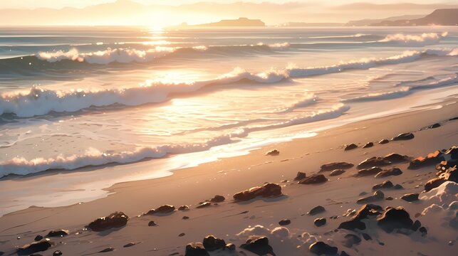 Anime illustration of serene beach scene at sunset, nature landscape.