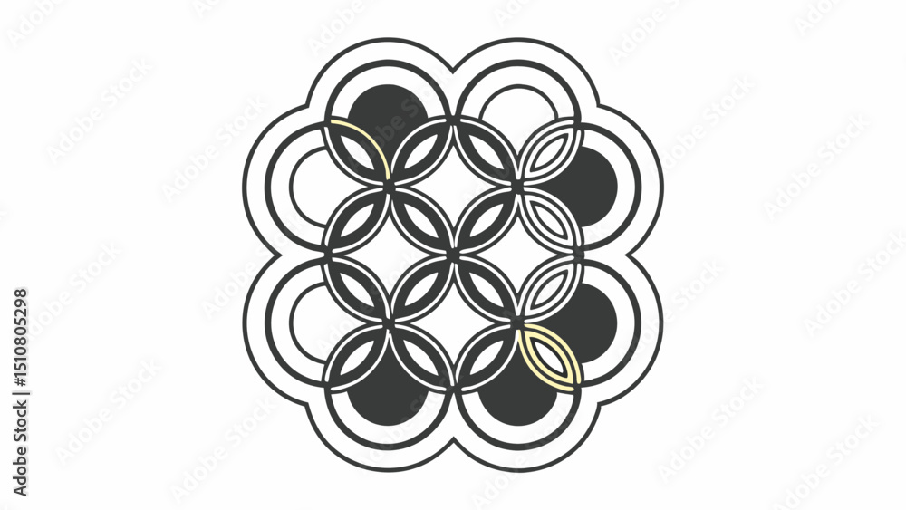 Poster circular pattern with intersecting rings and filled circles in a geometric design element created wi