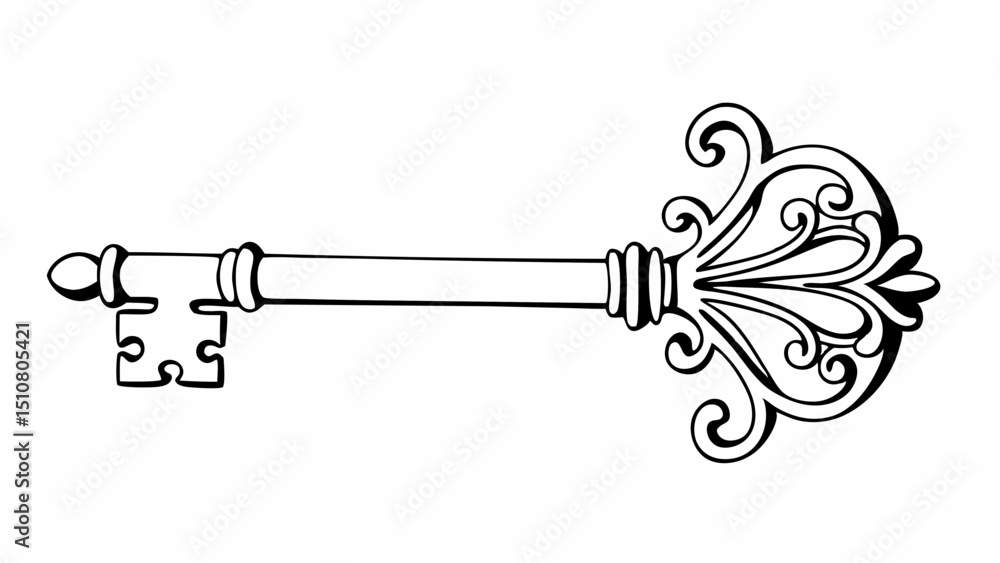 Aufkleber illustration of an ornate vintage key with intricate details and a decorative handle design element 