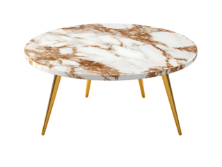 Elegant coffee table with marble surface: A luxurious, minimalist coffee table features a round, white marble top with unique veining, supported by slender golden legs.